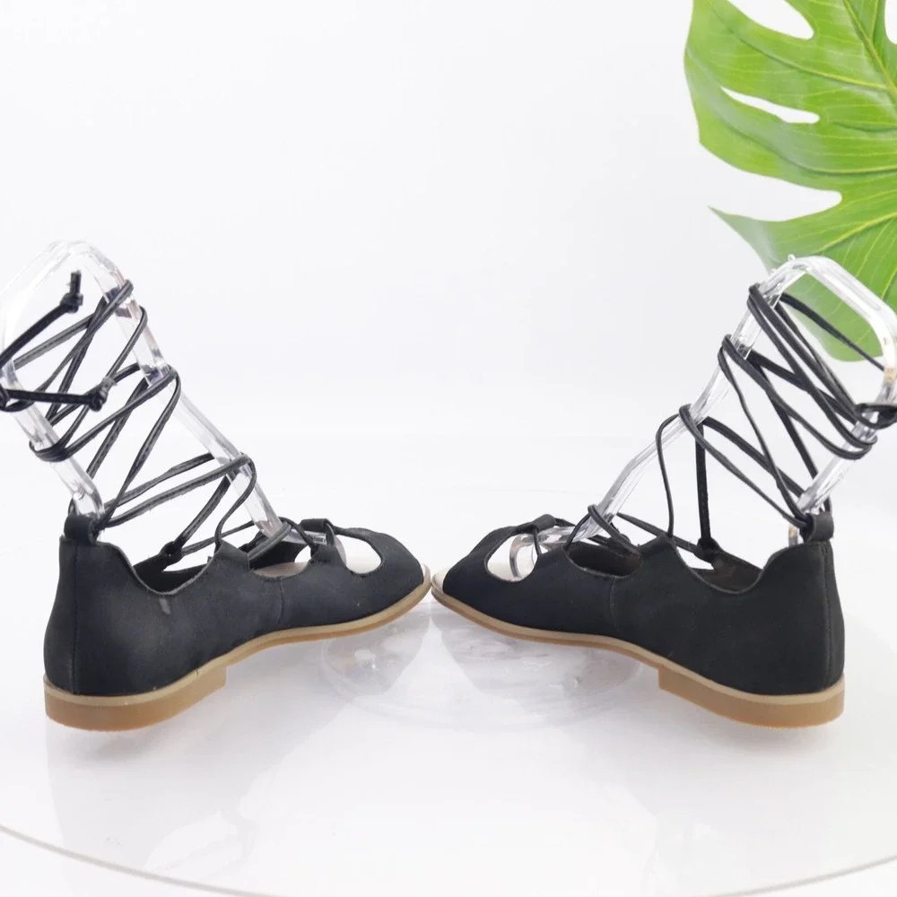 J JIll Womens Sandals Size 6.5  Black Leather Flat Ankle Wrap Tie Open Toe Shoes